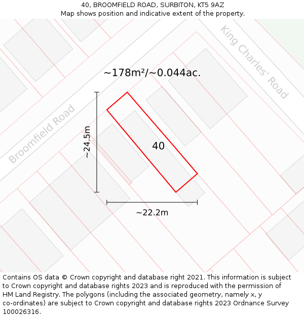40, BROOMFIELD ROAD, SURBITON, KT5 9AZ: Plot and title map