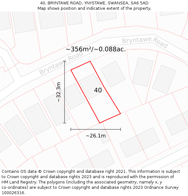 40, BRYNTAWE ROAD, YNYSTAWE, SWANSEA, SA6 5AD: Plot and title map