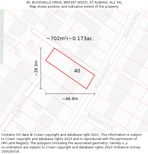 40, BUCKNALLS DRIVE, BRICKET WOOD, ST ALBANS, AL2 3XL: Plot and title map