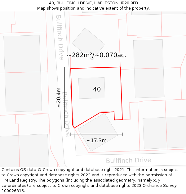 40, BULLFINCH DRIVE, HARLESTON, IP20 9FB: Plot and title map