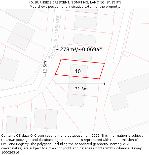 40, BURNSIDE CRESCENT, SOMPTING, LANCING, BN15 9TJ: Plot and title map