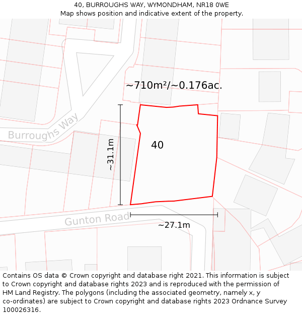 40, BURROUGHS WAY, WYMONDHAM, NR18 0WE: Plot and title map