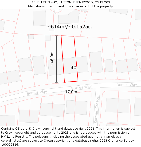 40, BURSES WAY, HUTTON, BRENTWOOD, CM13 2PS: Plot and title map