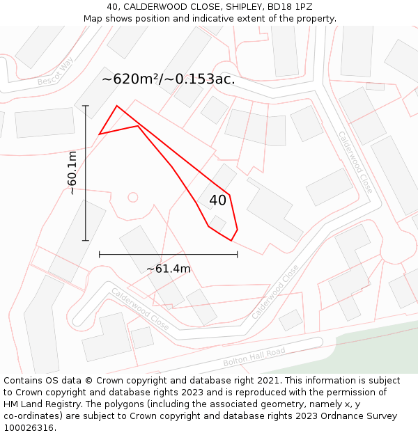 40, CALDERWOOD CLOSE, SHIPLEY, BD18 1PZ: Plot and title map