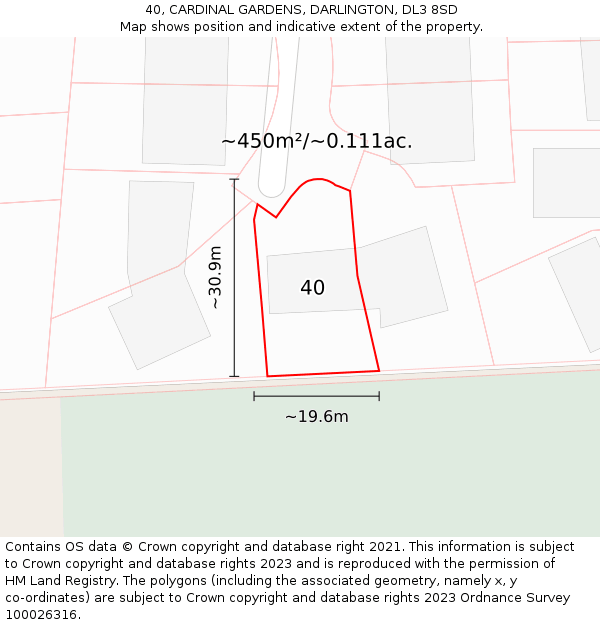 40, CARDINAL GARDENS, DARLINGTON, DL3 8SD: Plot and title map
