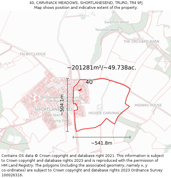 40, CARVINACK MEADOWS, SHORTLANESEND, TRURO, TR4 9FJ: Plot and title map