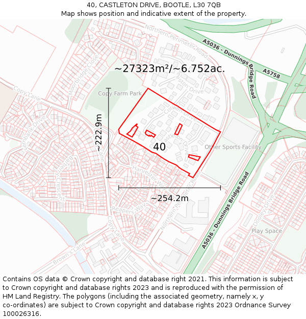 40, CASTLETON DRIVE, BOOTLE, L30 7QB: Plot and title map