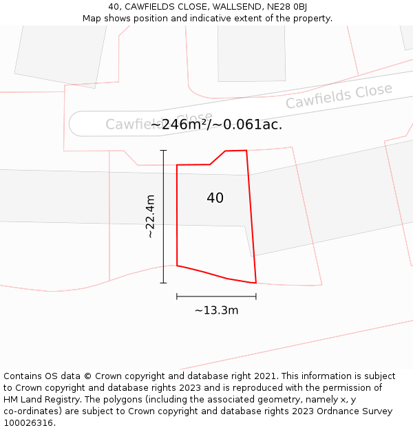 40, CAWFIELDS CLOSE, WALLSEND, NE28 0BJ: Plot and title map