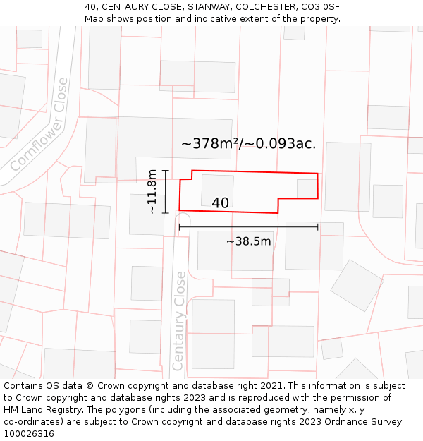 40, CENTAURY CLOSE, STANWAY, COLCHESTER, CO3 0SF: Plot and title map