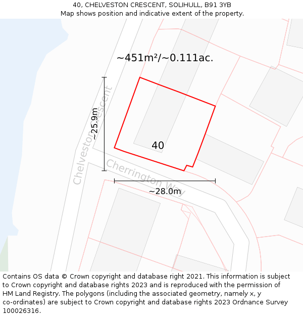 40, CHELVESTON CRESCENT, SOLIHULL, B91 3YB: Plot and title map