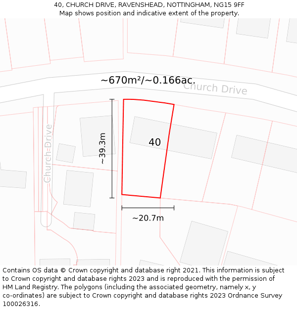 40, CHURCH DRIVE, RAVENSHEAD, NOTTINGHAM, NG15 9FF: Plot and title map