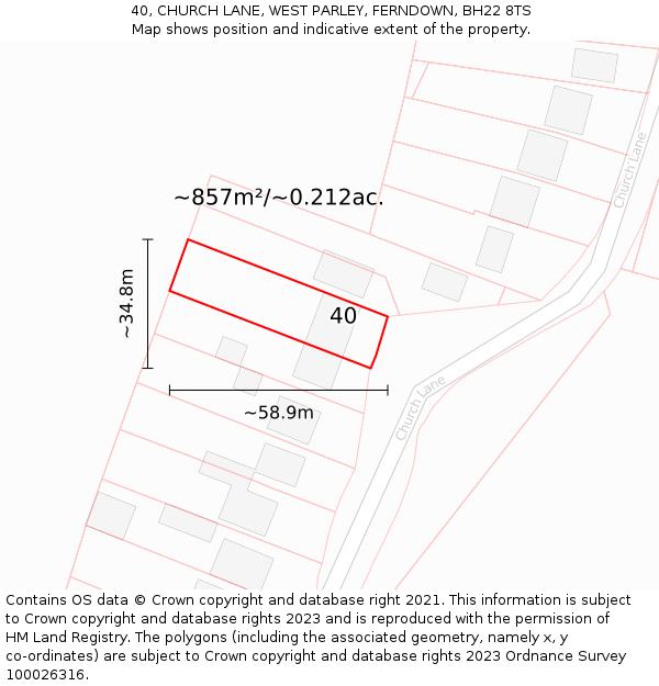40, CHURCH LANE, WEST PARLEY, FERNDOWN, BH22 8TS: Plot and title map