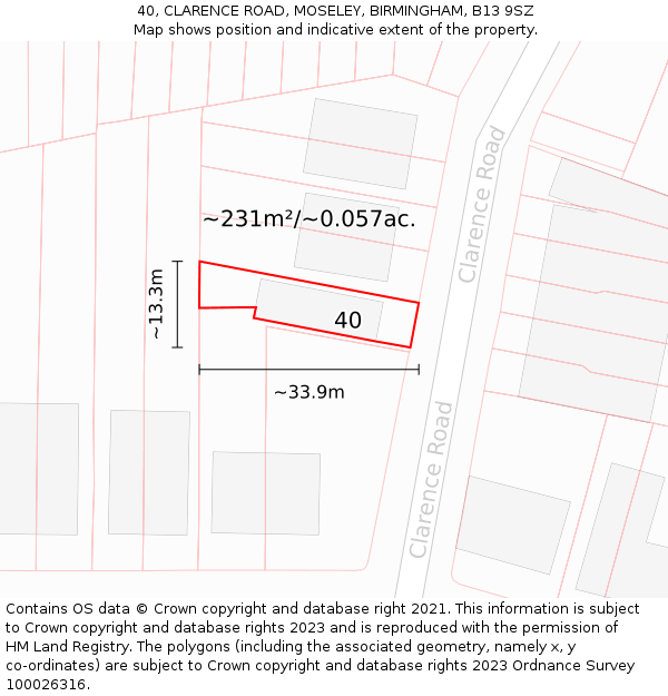 40, CLARENCE ROAD, MOSELEY, BIRMINGHAM, B13 9SZ: Plot and title map