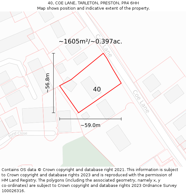 40, COE LANE, TARLETON, PRESTON, PR4 6HH: Plot and title map