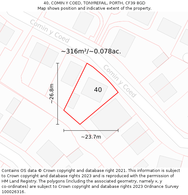 40, COMIN Y COED, TONYREFAIL, PORTH, CF39 8GD: Plot and title map