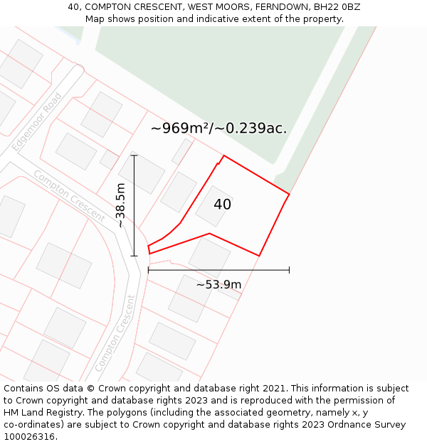 40, COMPTON CRESCENT, WEST MOORS, FERNDOWN, BH22 0BZ: Plot and title map