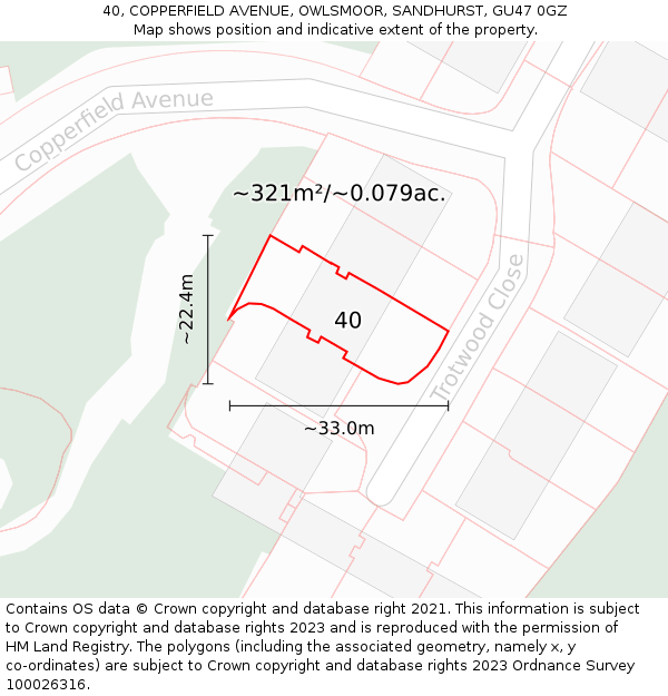 40, COPPERFIELD AVENUE, OWLSMOOR, SANDHURST, GU47 0GZ: Plot and title map