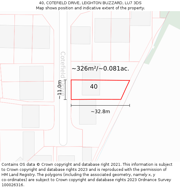 40, COTEFIELD DRIVE, LEIGHTON BUZZARD, LU7 3DS: Plot and title map