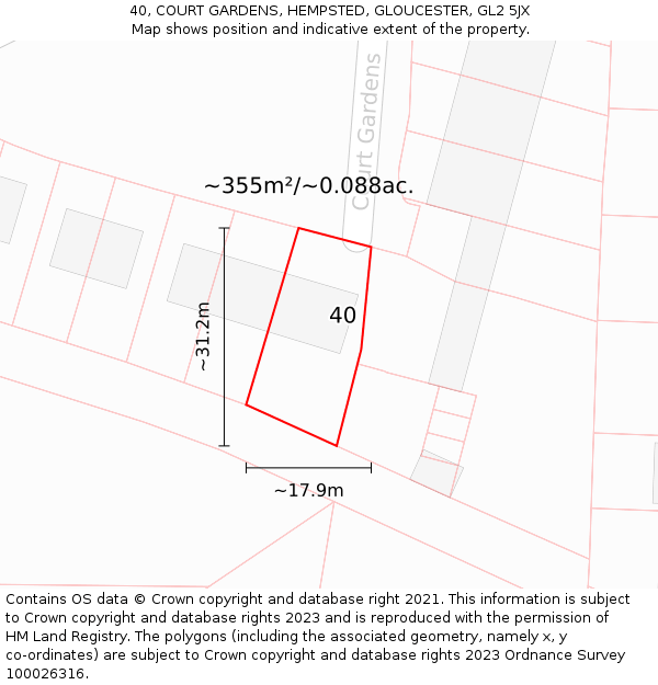 40, COURT GARDENS, HEMPSTED, GLOUCESTER, GL2 5JX: Plot and title map
