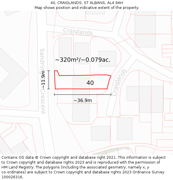 40, CRAIGLANDS, ST ALBANS, AL4 9AH: Plot and title map