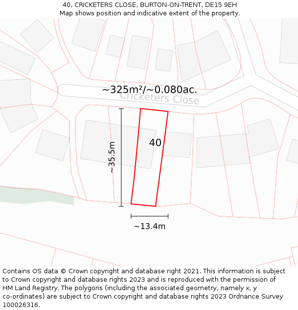 40, CRICKETERS CLOSE, BURTON-ON-TRENT, DE15 9EH: Plot and title map