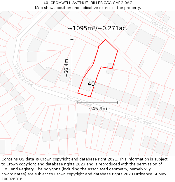 40, CROMWELL AVENUE, BILLERICAY, CM12 0AG: Plot and title map