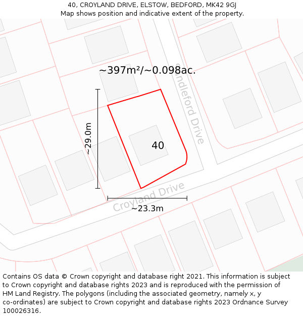 40, CROYLAND DRIVE, ELSTOW, BEDFORD, MK42 9GJ: Plot and title map