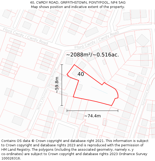 40, CWRDY ROAD, GRIFFITHSTOWN, PONTYPOOL, NP4 5AG: Plot and title map