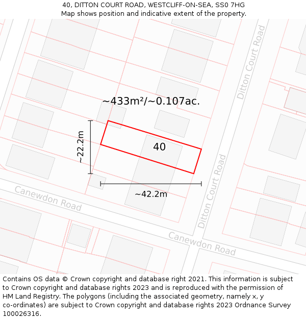 40, DITTON COURT ROAD, WESTCLIFF-ON-SEA, SS0 7HG: Plot and title map