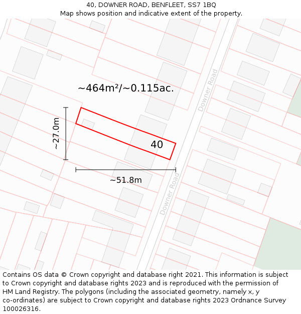 40, DOWNER ROAD, BENFLEET, SS7 1BQ: Plot and title map