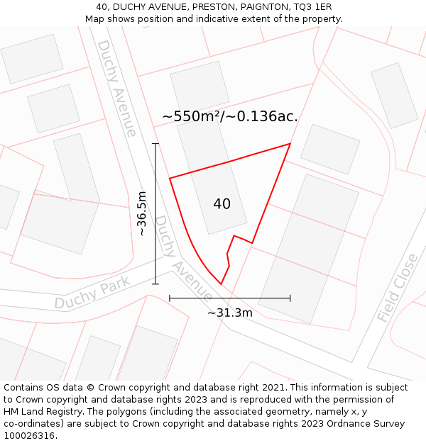 40, DUCHY AVENUE, PRESTON, PAIGNTON, TQ3 1ER: Plot and title map