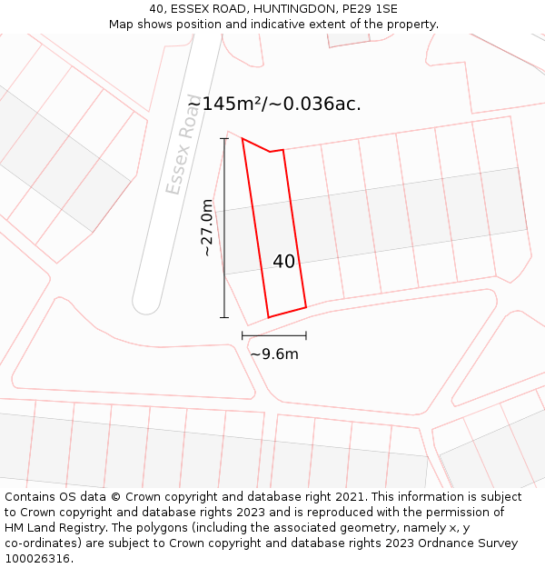 40, ESSEX ROAD, HUNTINGDON, PE29 1SE: Plot and title map