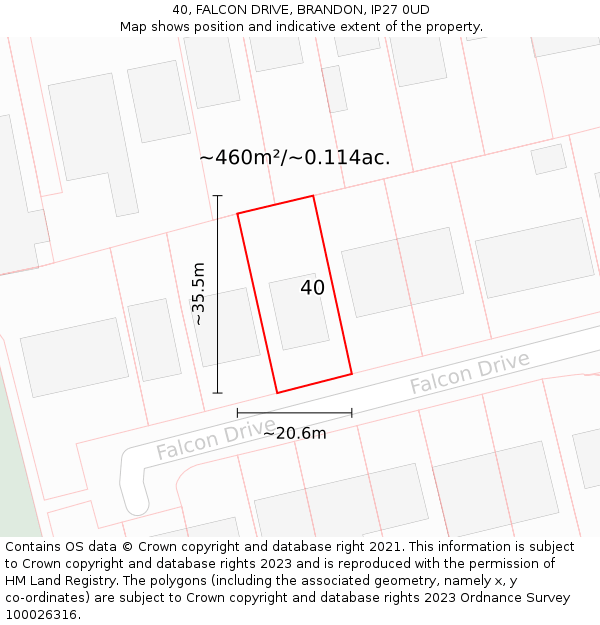 40, FALCON DRIVE, BRANDON, IP27 0UD: Plot and title map