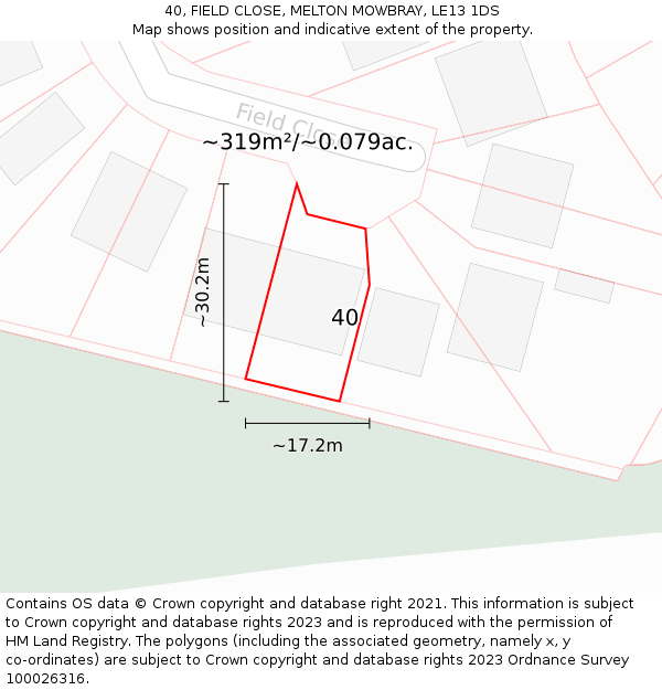 40, FIELD CLOSE, MELTON MOWBRAY, LE13 1DS: Plot and title map