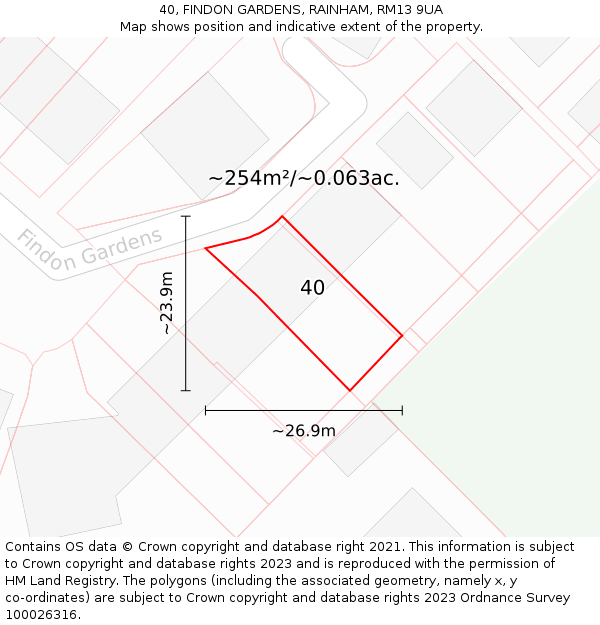 40, FINDON GARDENS, RAINHAM, RM13 9UA: Plot and title map