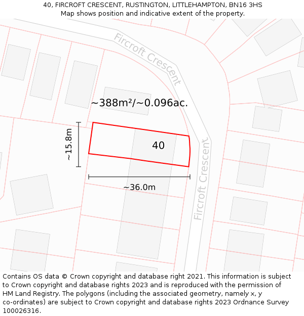 40, FIRCROFT CRESCENT, RUSTINGTON, LITTLEHAMPTON, BN16 3HS: Plot and title map