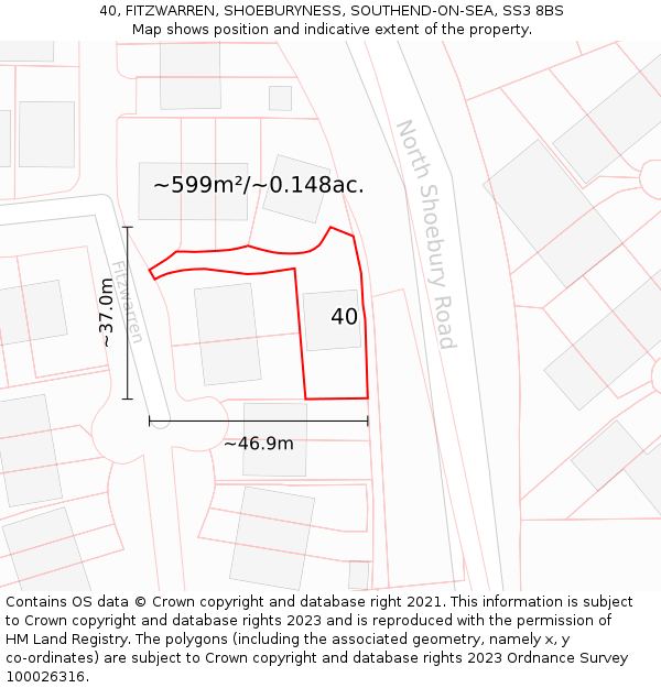 40, FITZWARREN, SHOEBURYNESS, SOUTHEND-ON-SEA, SS3 8BS: Plot and title map