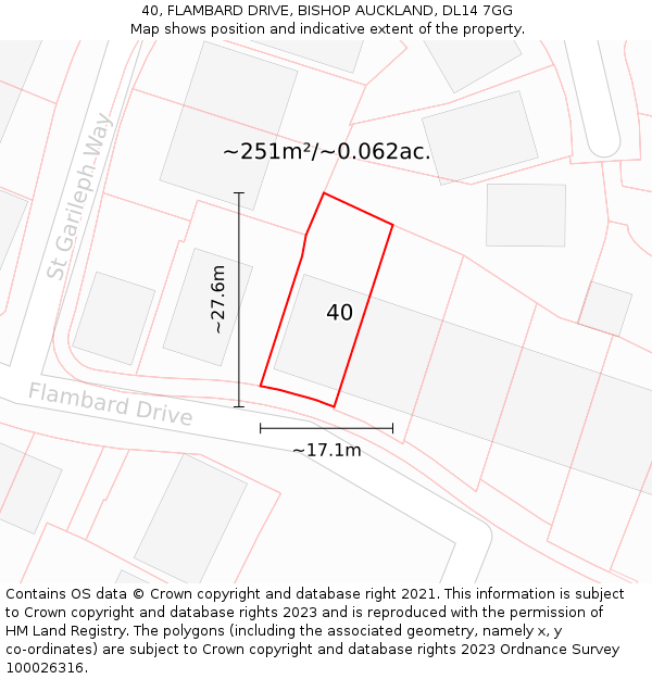 40, FLAMBARD DRIVE, BISHOP AUCKLAND, DL14 7GG: Plot and title map