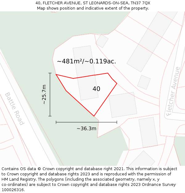 40, FLETCHER AVENUE, ST LEONARDS-ON-SEA, TN37 7QX: Plot and title map