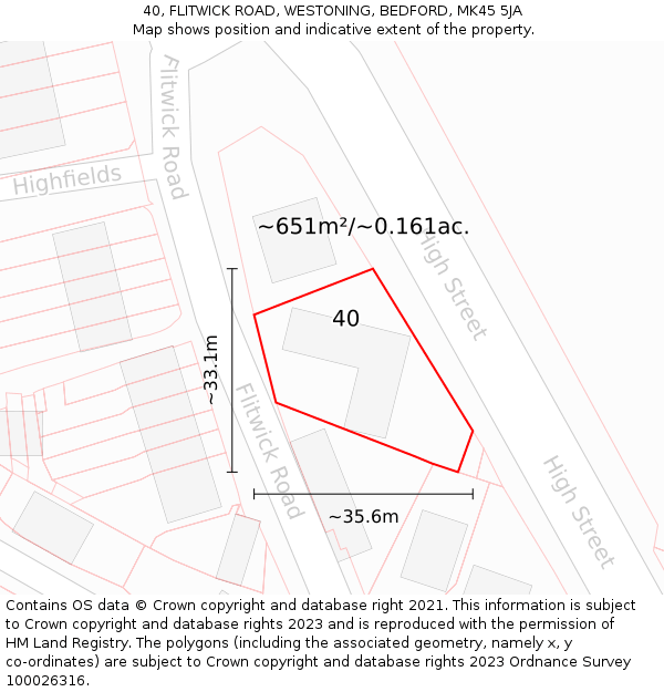 40, FLITWICK ROAD, WESTONING, BEDFORD, MK45 5JA: Plot and title map