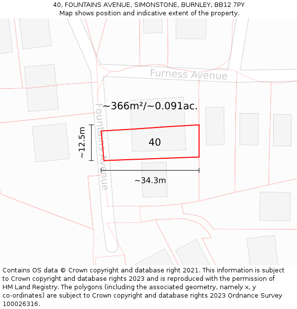 40, FOUNTAINS AVENUE, SIMONSTONE, BURNLEY, BB12 7PY: Plot and title map