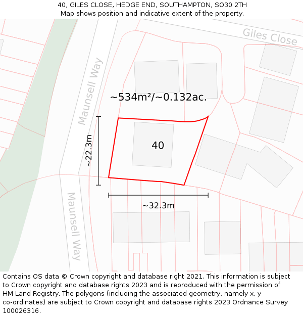 40, GILES CLOSE, HEDGE END, SOUTHAMPTON, SO30 2TH: Plot and title map