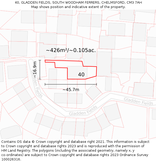 40, GLADDEN FIELDS, SOUTH WOODHAM FERRERS, CHELMSFORD, CM3 7AH: Plot and title map