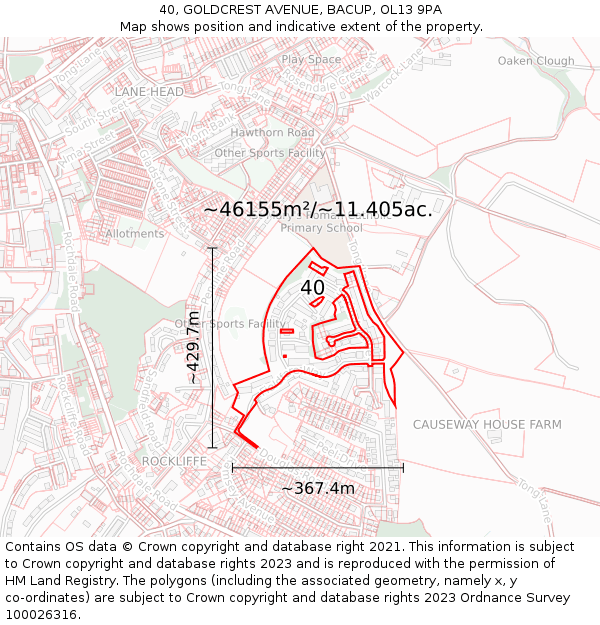 40, GOLDCREST AVENUE, BACUP, OL13 9PA: Plot and title map