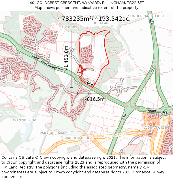 40, GOLDCREST CRESCENT, WYNYARD, BILLINGHAM, TS22 5FT: Plot and title map