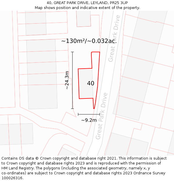 40, GREAT PARK DRIVE, LEYLAND, PR25 3UP: Plot and title map