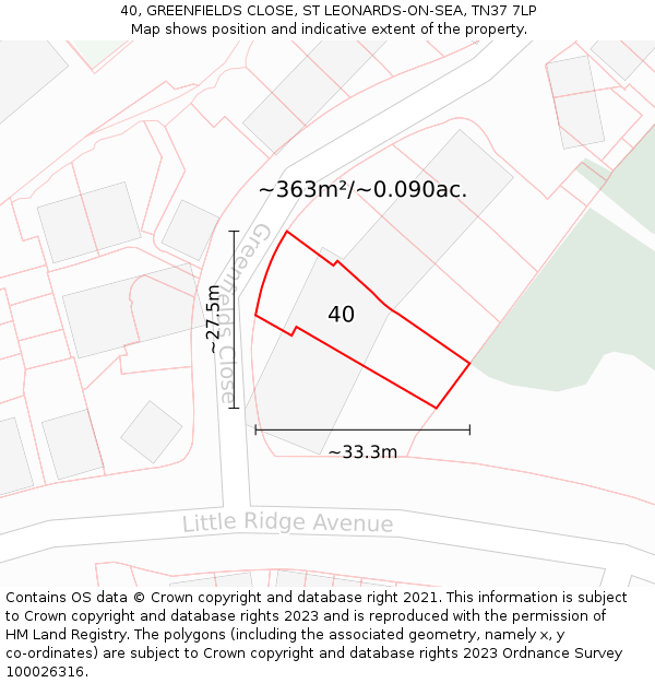 40, GREENFIELDS CLOSE, ST LEONARDS-ON-SEA, TN37 7LP: Plot and title map