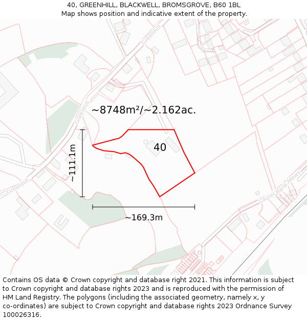 40, GREENHILL, BLACKWELL, BROMSGROVE, B60 1BL: Plot and title map