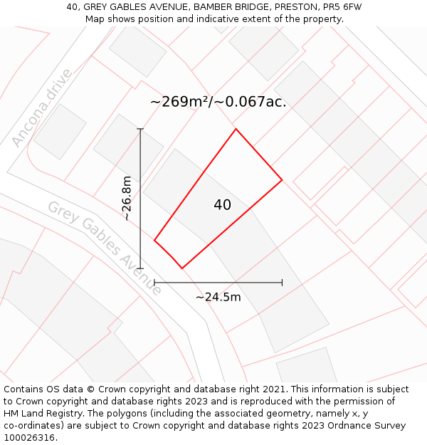 40, GREY GABLES AVENUE, BAMBER BRIDGE, PRESTON, PR5 6FW: Plot and title map