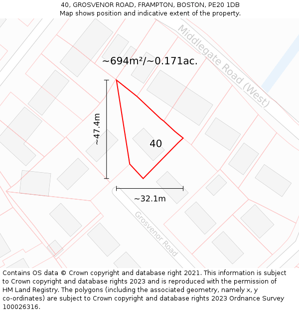 40, GROSVENOR ROAD, FRAMPTON, BOSTON, PE20 1DB: Plot and title map